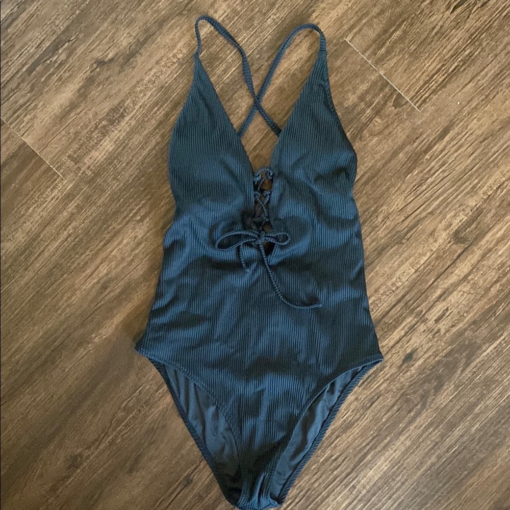 Black One-Piece Swimsuit with Lace-Up Front